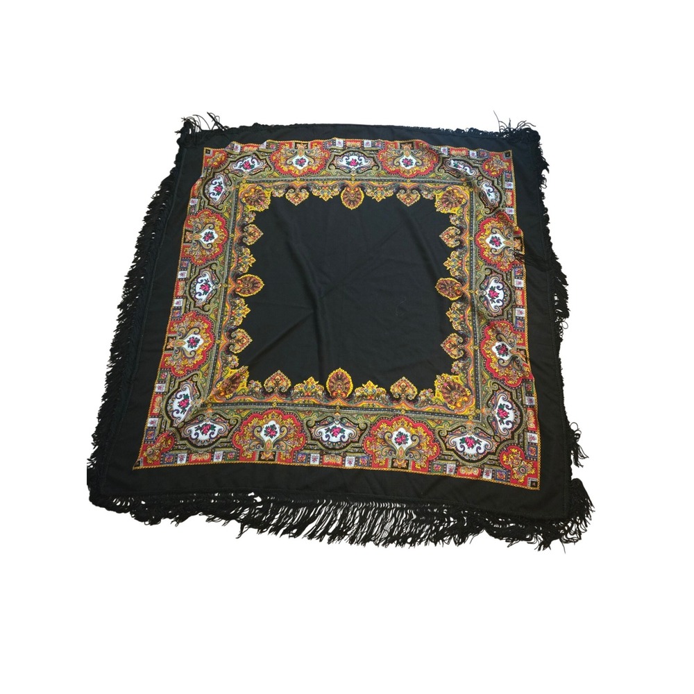 Vintage Black Paisley Floral‎ Fringe Square Scarf Shawl Wrap Boho Folk Style